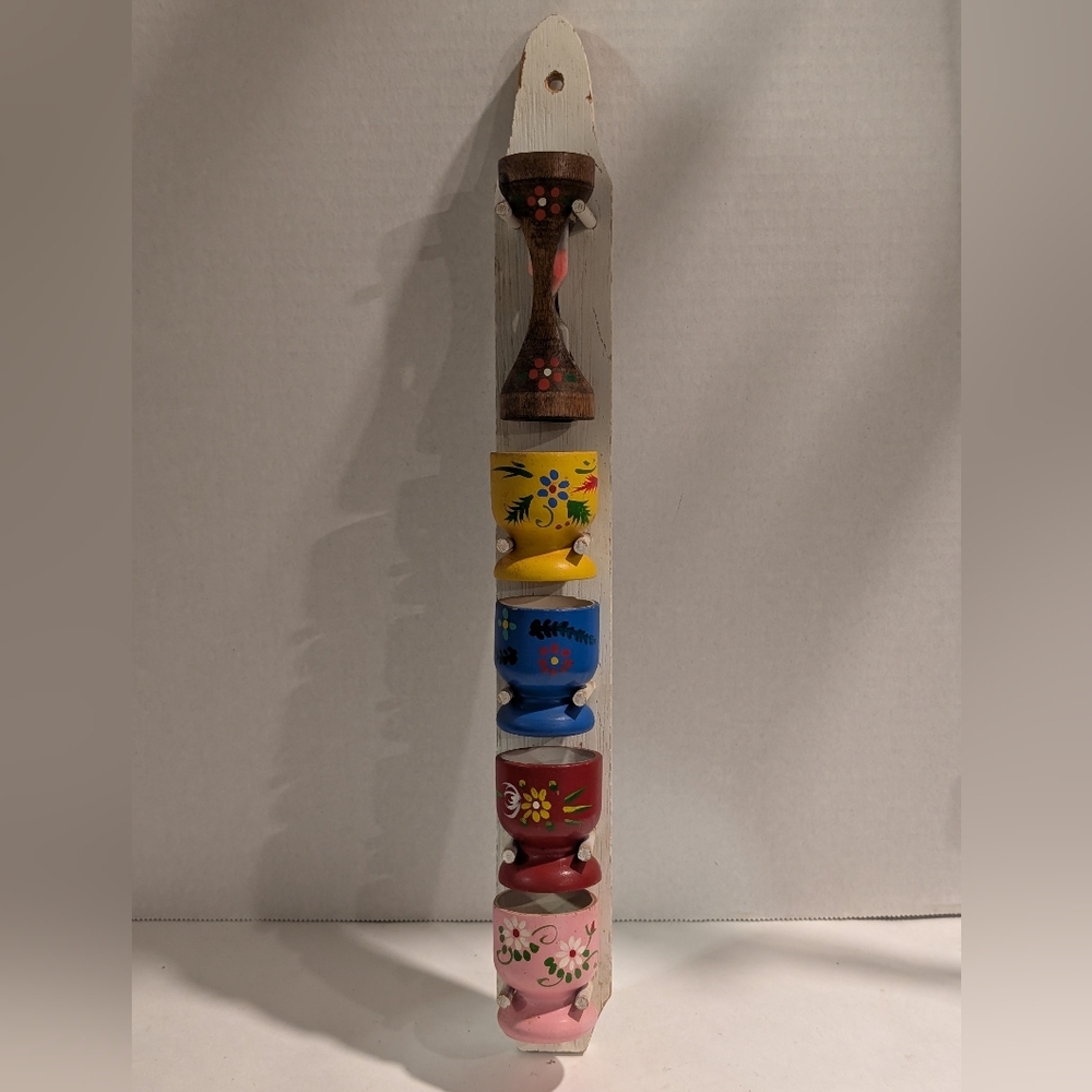 Vintage Hand Painted Wooden Egg Cups And Timer On A Hanging Rack.